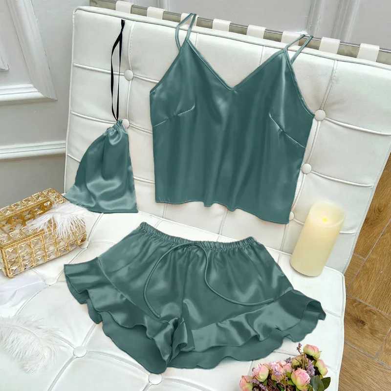 Fashion Sexy Underwear Set Womens 2 Pieces Spwear Pyjamas Silk Satin Bellyband Cami Top and Shorts Pajamas for Women PijamasXJ250220