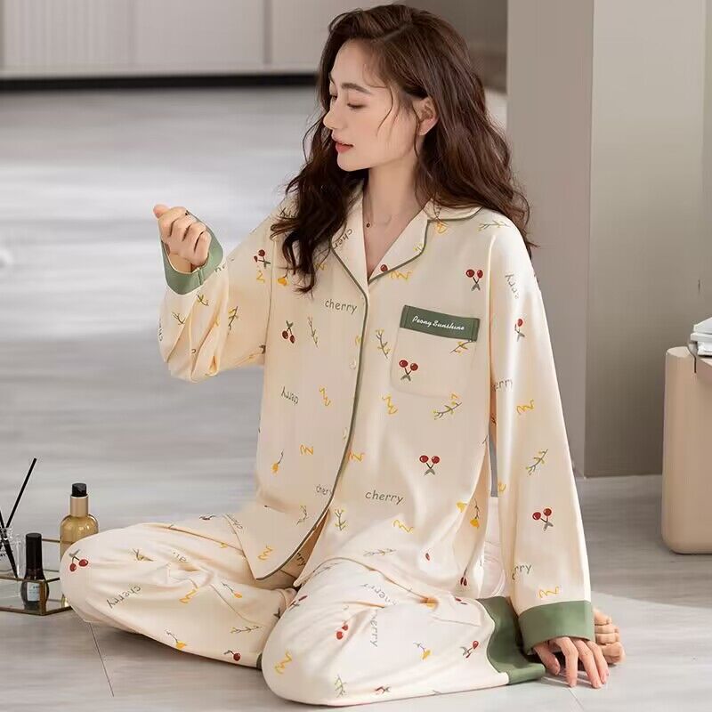 B708-Pajamas for women new pure cotton spring and autumn long sleeves can be worn outside large size home clothes color suit