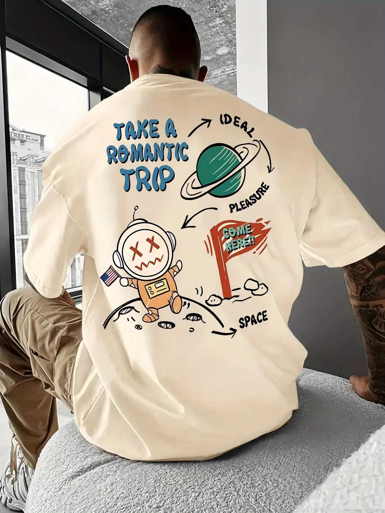 MenS Summer Fashion Short Sleeve T-ShirtRomantic Space Themed PrintRegular FitStretch PolyesterCrew NeckKnit Fabric W250220