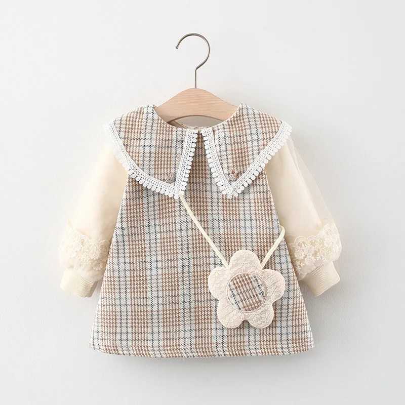 Baby girl dress autumn and winter plain long sleeved lapel girl dress cute casual girl with bag dress X250220