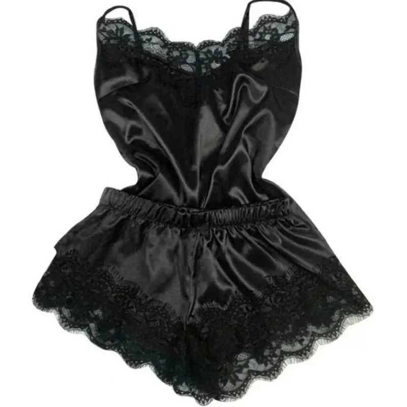 Lace Silk Satin 2 Pieces Pajama Set Women Spwear Babydoll Sexy Lingerie Bowknot Pyjamas Sp Crop Tops with Shorts SetXJ250220