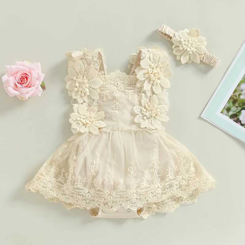 0-18months Baby Girls Romper Summer Sleeveless Square Neck Floral Lace Casual Infant Girls Bodysuit Tops + Head Band X250220