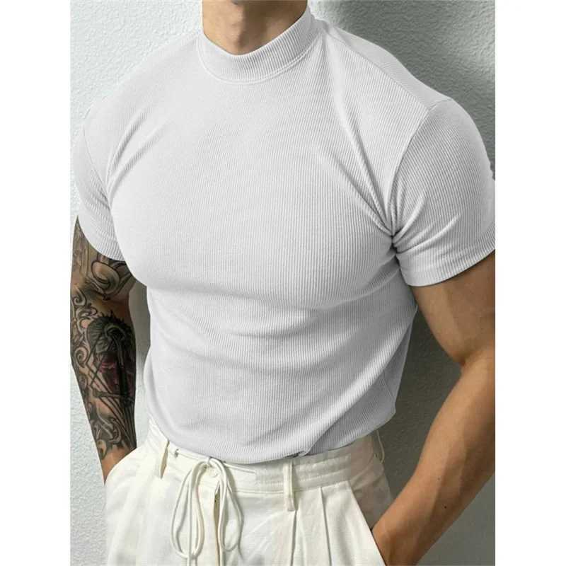 Spring Summer Elastic Mens T-shirt Small High Collar Striped Short Sleeve Fitness Top Casual Sports T-shirt Mens Sports Shirt W250220