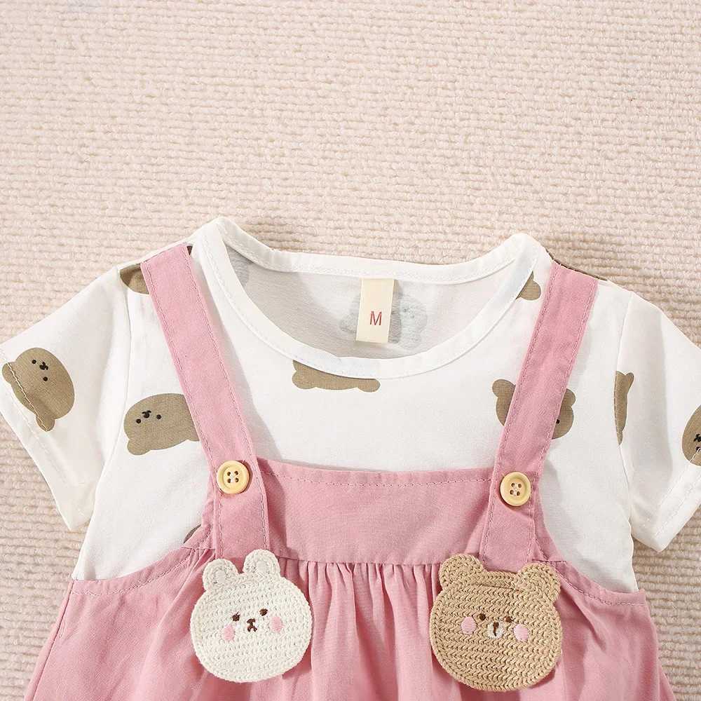 Summer womens cotton teddy bear printed short sleeved dress womens fake two-piece dress with cute dress X250220