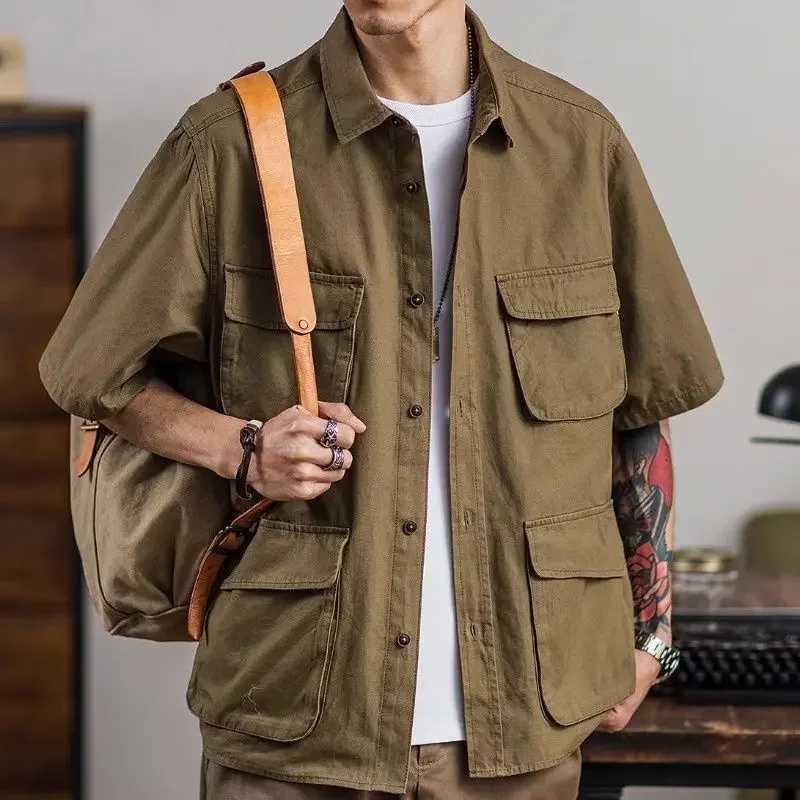 American retro work shirt khaki short sleeved multi pocket summer casual fashion brand mens clothing W250220
