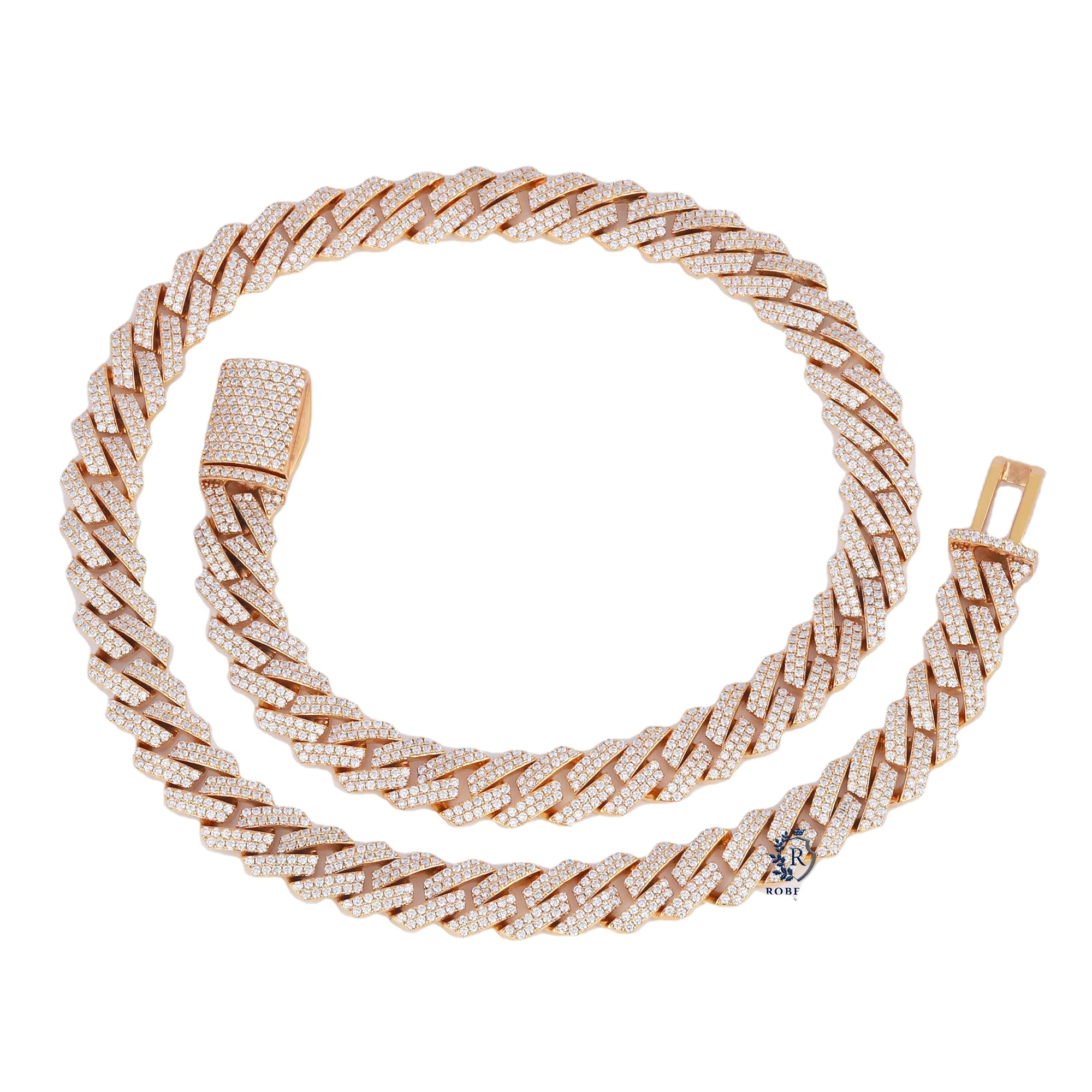 High-end Moissanite Hip Hop 12MM Rose Gold Full Set for Men Sier Necklace Cuban k Chain