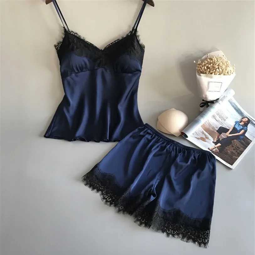 Womens summer sexy silk imitation two-piece set with suspender pajamas silk shorts with chest pads gathering large and thin hXJ250220