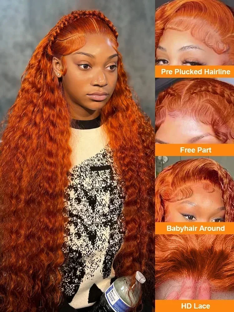 Free shipping 250 Density Brazilian Orange Ginger Colored Curly 13x4 13x6 Hd Lace Front SilationHuman Hair Wig 30 40 Inch Deep Wave Frontal Wigs For W