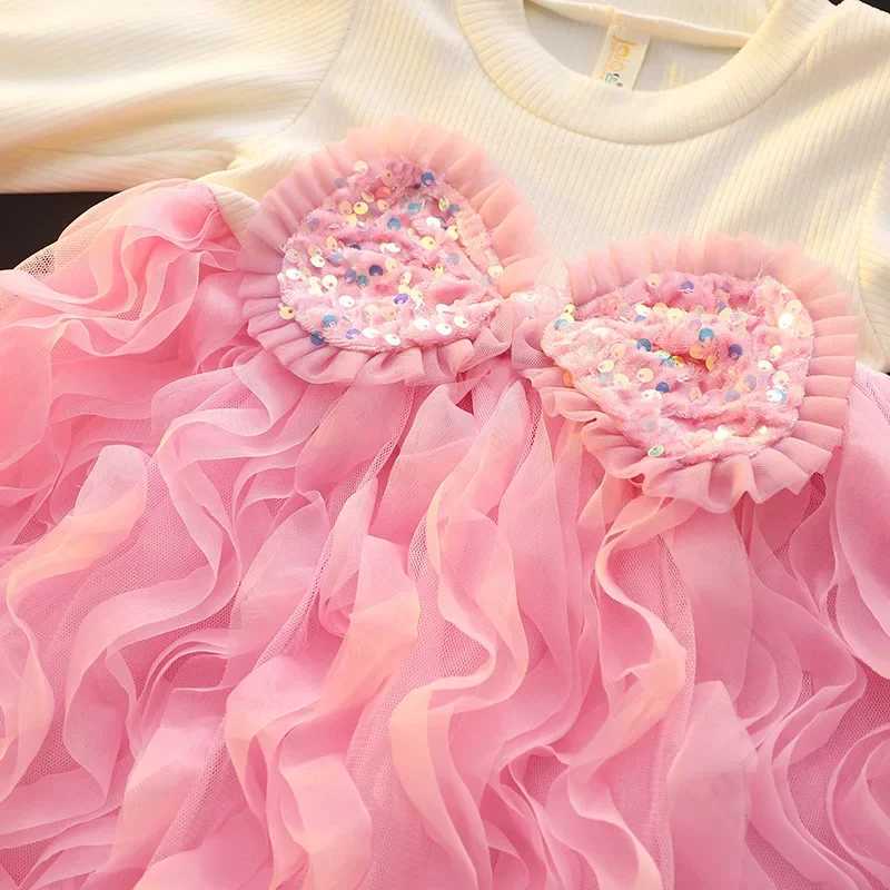 (Girls 0-3 Years Old) New Autumn Dress Upper Body Knitwear Bow Pleats Shaggy Mesh Pleats A-line Dress Birthday Party Team Dress X250220