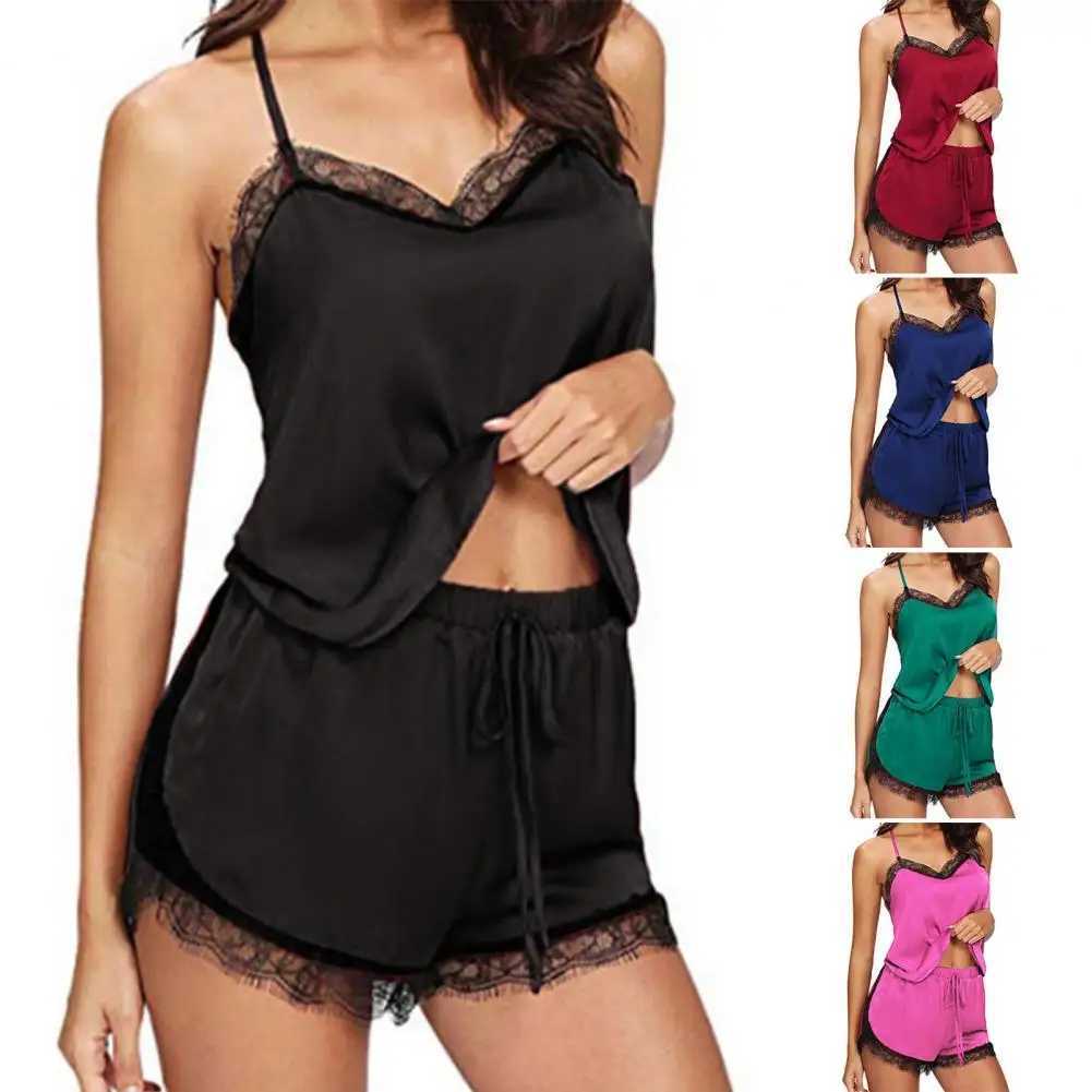 2 Pcs/Set Lady Pajamas Set Solid Color Lace Patchwork V Neck Lady Night Clothes For Home For WomenXJ250220