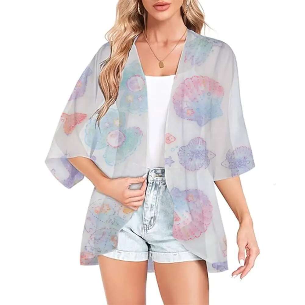 Elegant Chiffon Swimsuit Capes Ral Print Kimono Cover Up Cardigan Shirt Tops Fashion Casual Resort Wear Bathing Suit Blouse