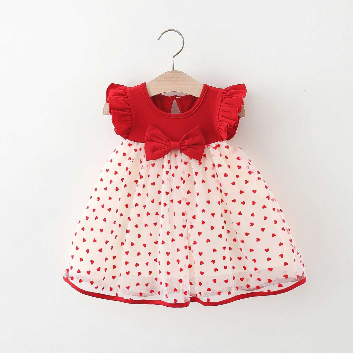 Baby Girl Red Dress Heart Embroidered Mesh Bow Tutu Dress Kids Birthday Party Clothes X250220