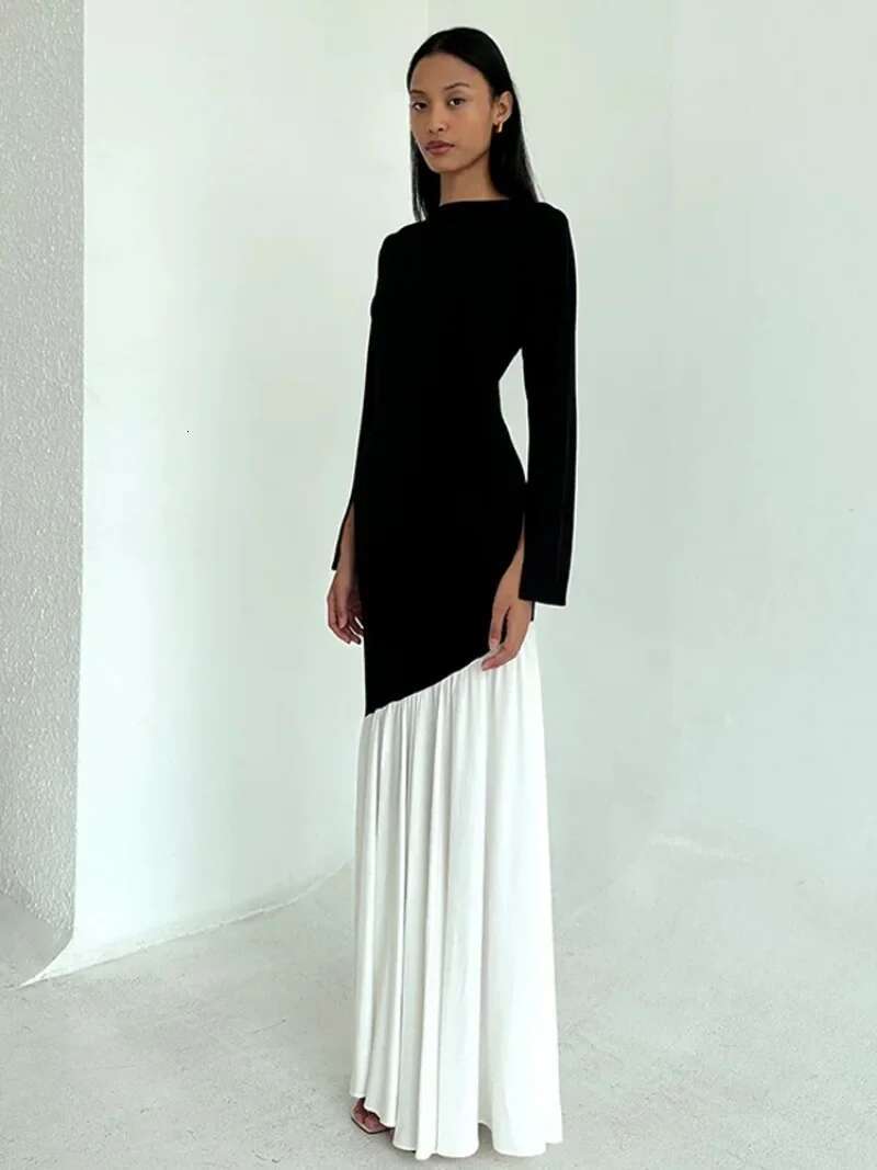 Women's Chic O-Neck Sleeve Black White Patchwork Asymmetrical Long Dress 2025 Spring Office Lady Slim Evening Party Dresses