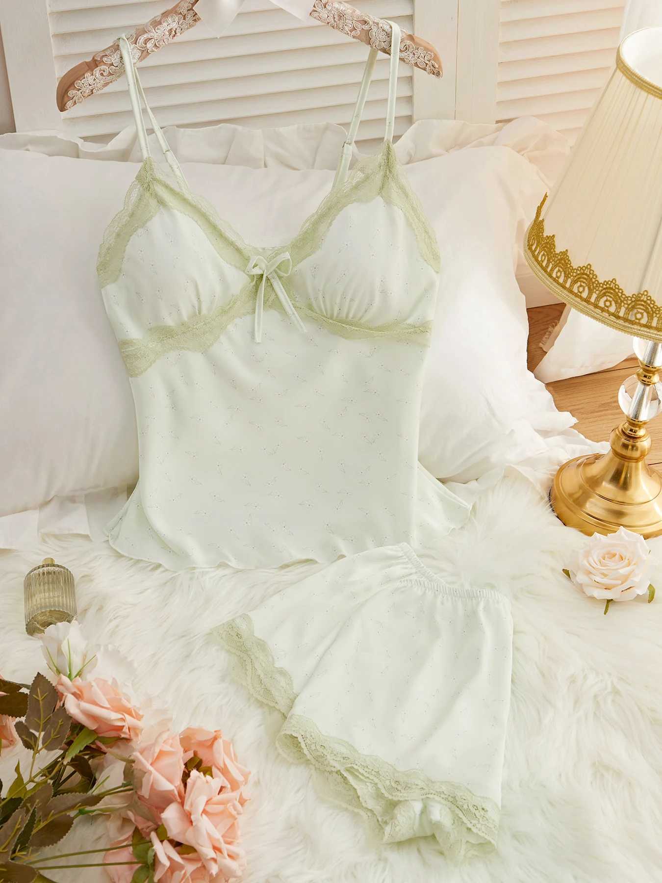 Milk silk suspenders Floral Lace green pure sexy suspenders pajama pants womens pajamaXJ250220