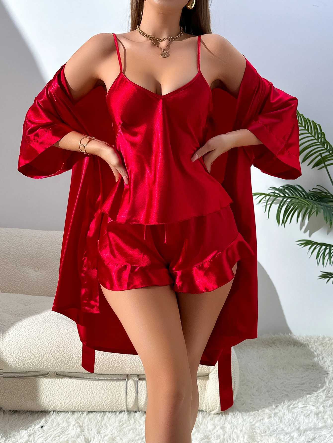 Autumn New Womens Silk Pajamas Sexy Fashion Pajamas Set And Simple Robe Three Piece Womens LoungewearXJ250220