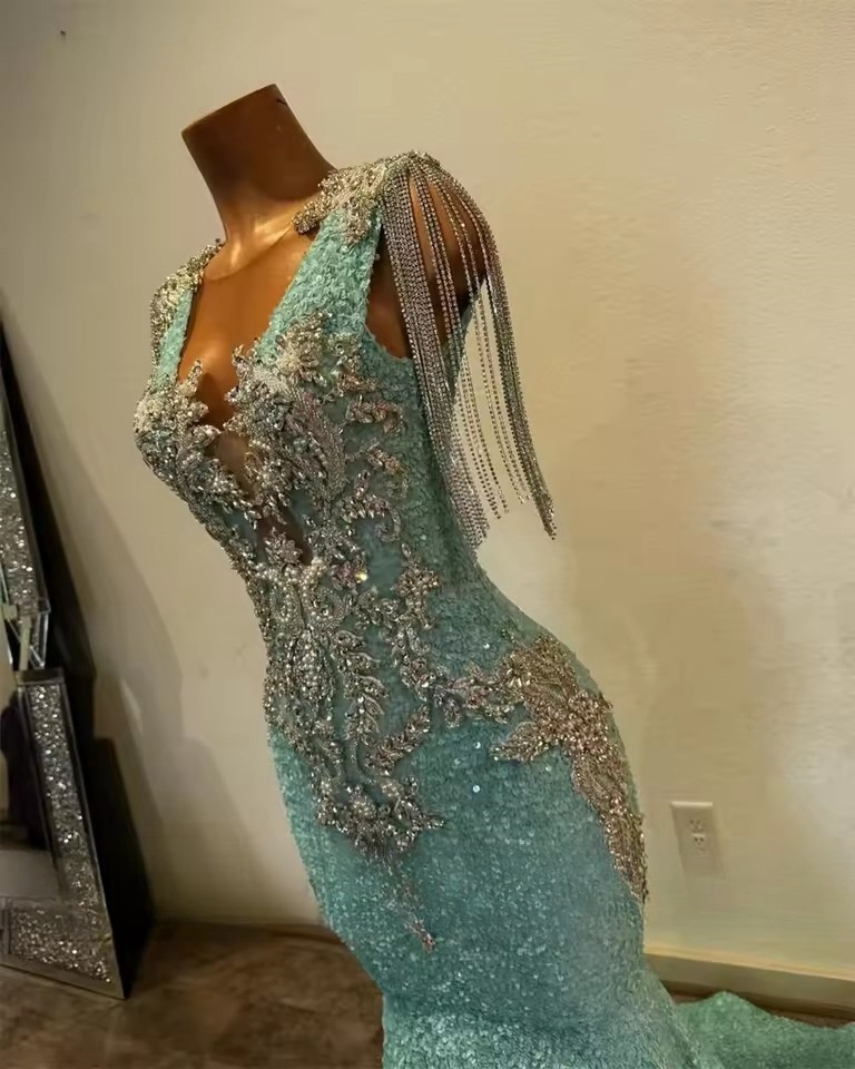 Sage Green Sequin Prom Dress With Bead Crystals Tassels - Formal Evening Gown For Black Girls, Birthday Parties & Special Ocns
