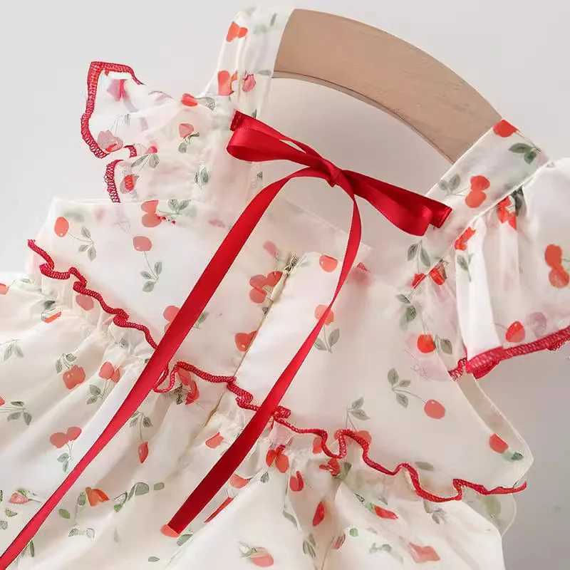 Baby 0-4 years old summer sweet and cute bow dress cherry chiffon dress girl internet gauze acrylic dress X250220