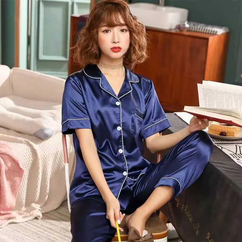 Womens Ice Silk Pajamas Two-Piece Fe Summer Short-Sved Trousers Thin Section Of Silation Silk Pajamas Homewear SuitXJ250220