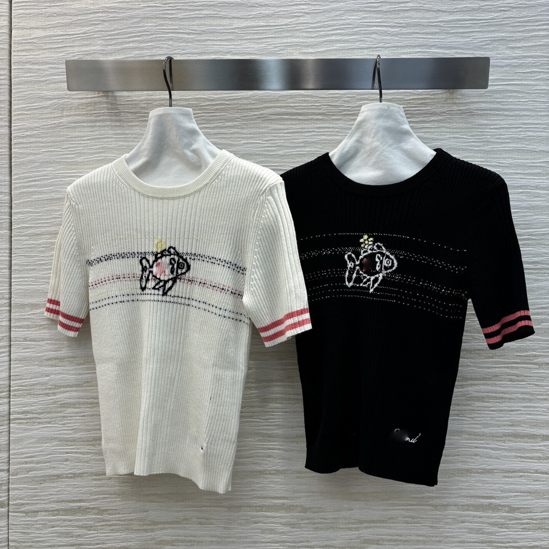 2025 Spring White/Black Crew Neck Short Sleeves Women's Pullovers High End Fish Letter Embroidery Striped Designer Women's Sweaters Tops 22108