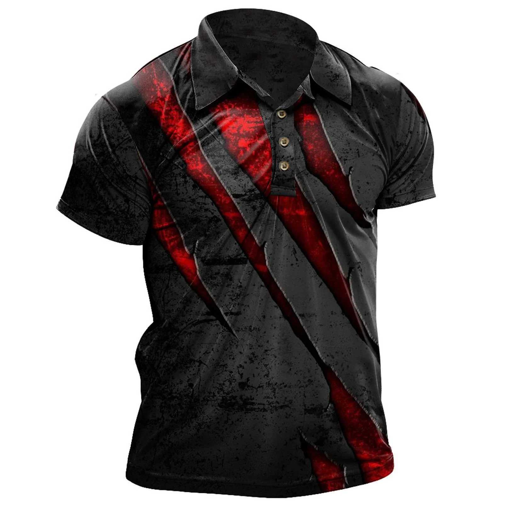 Retro mens polo shirt with scratch print casual short sleeved T-shirt lapel button golf sports shirt fashionable oversized mens clothing W250414