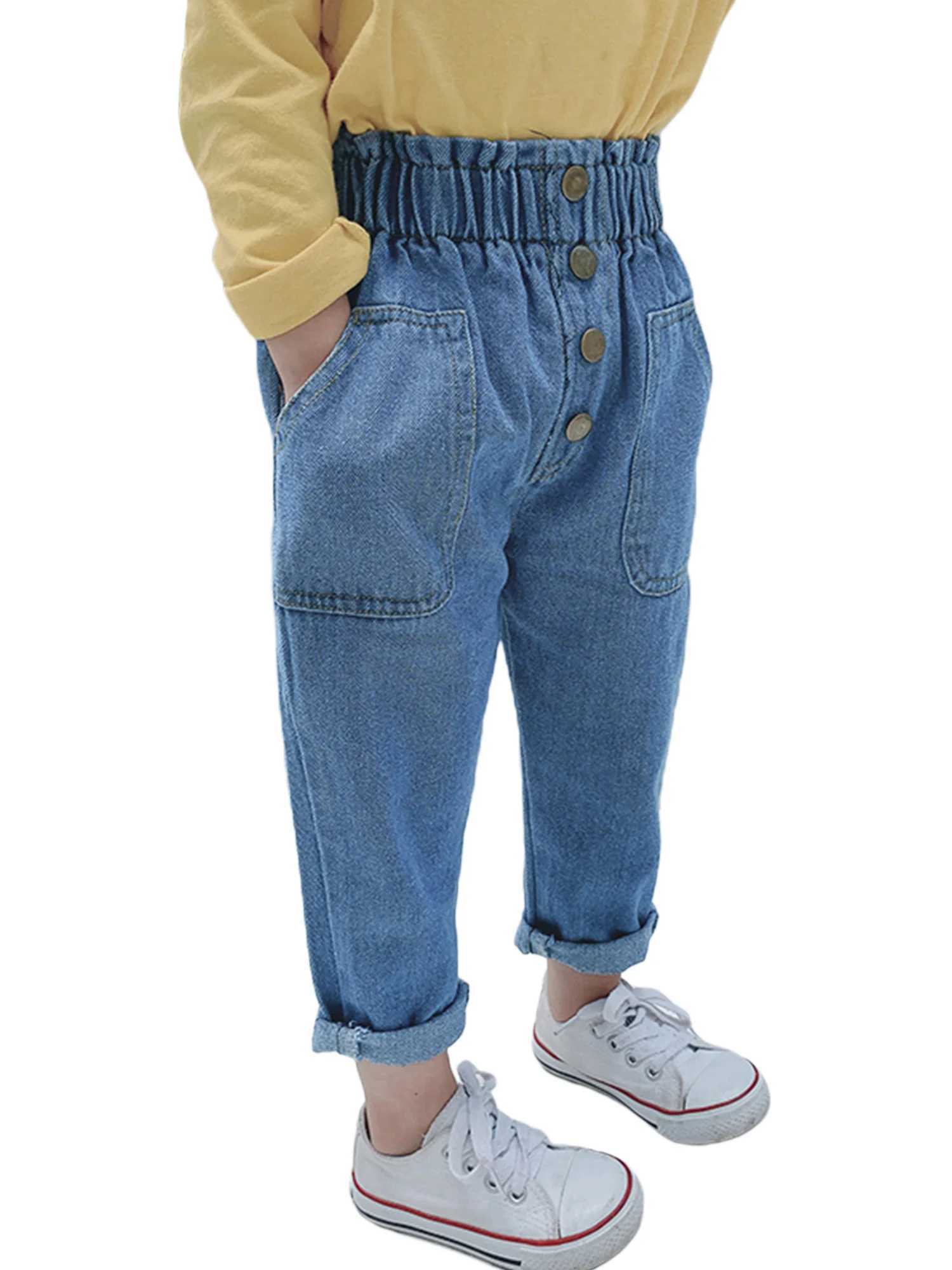 Childrens High Waist Jeans Loose Fit Elastic Waistband Long Pants with Pockets for Spring and Autumn Seasons Z250220