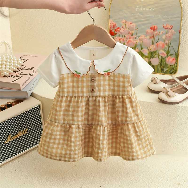 Summer New Small Fresh Plaid Baby Girl Dress Sweet And Cute Cherry Collar Childrens Short Sleeved Clothes (6-24 Months) X250220