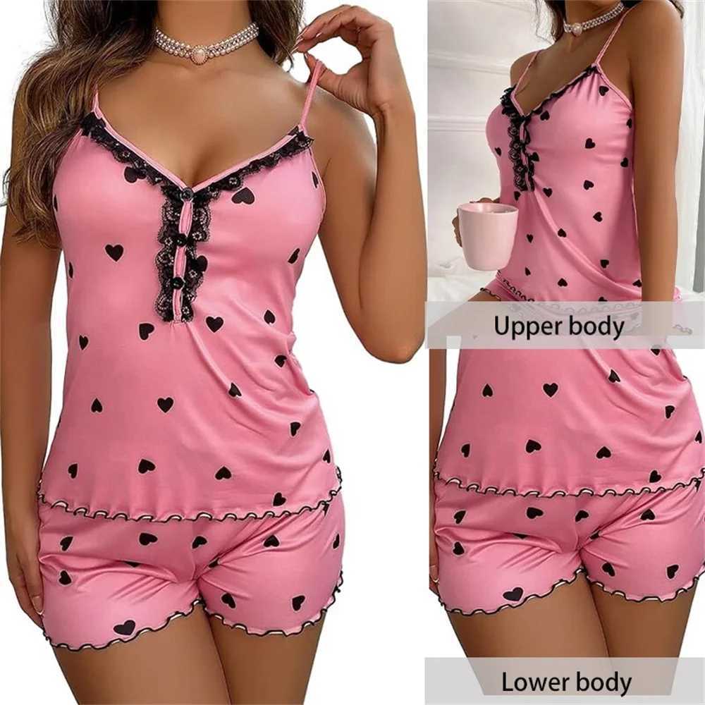 Pajama set Sexy Summer Two Pieces Women Pajamas Set Deep V-Neck Tops And Shorts Pajama Suit Ladies Sveless NightwearXJ250220