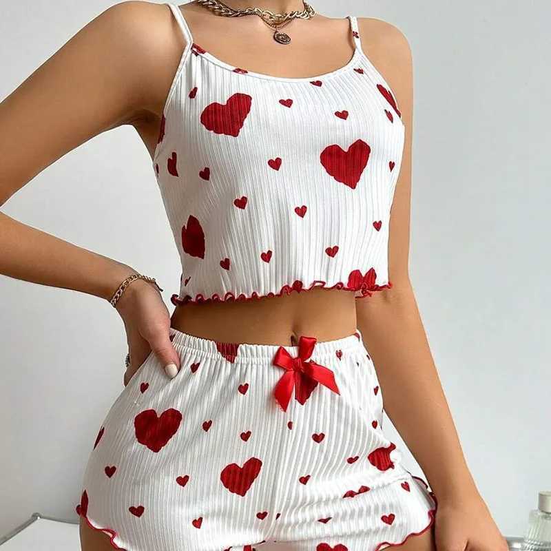 New Womens Pajamas Set Spwear 2 PCS Short Tank Tops And Shorts S M L White Ventilate Soft Casual Love Printing Set SpwearXJ250220