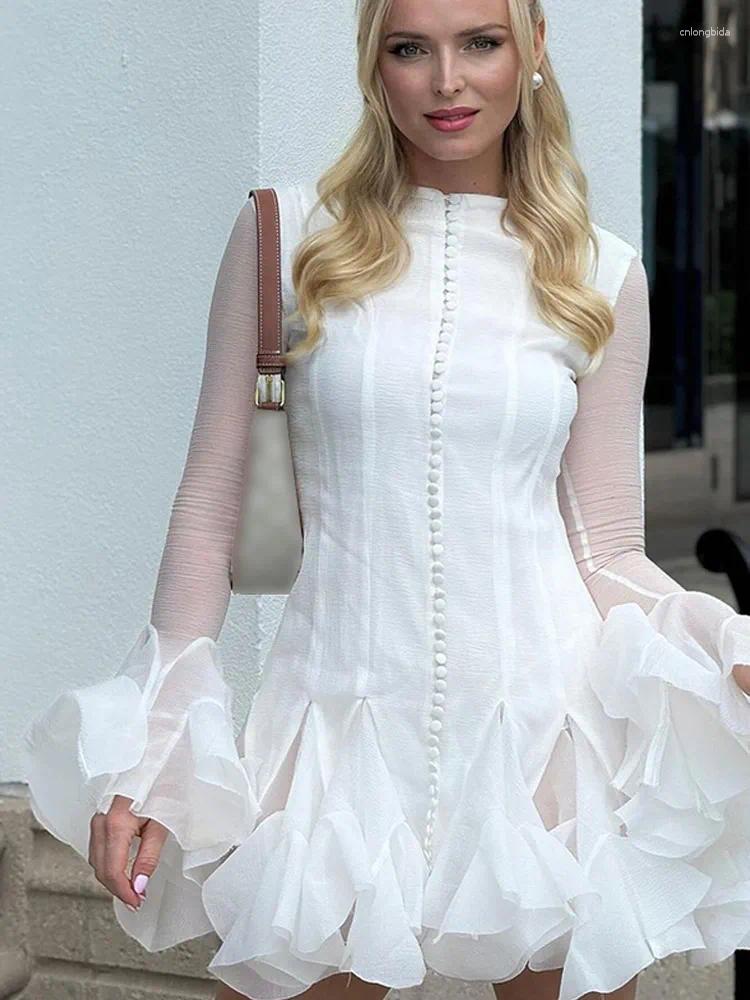 Casual Dresses Luxury O Neck Pink Ruffle Button Female Vestidos Fashion Long Sleeve High Waist Prom Spring Lady Short Evening Dress