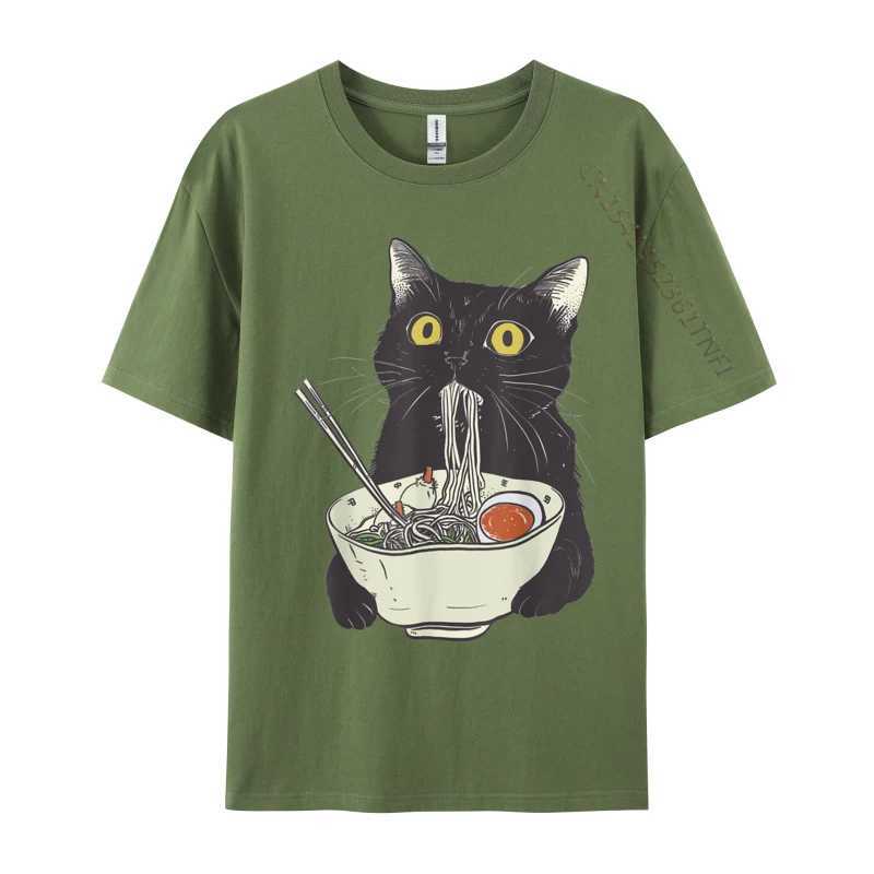 Funny Cat Eating Ramen Vintage Japanese Noodles Geek Normal All Cotton Mens Tops T Shirt Casual Tees 2024 Hot Sale T Shirts W250220