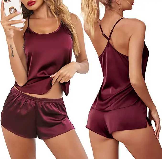 Summer New Ice Silk Spaghetti Strap Sexy Women Pajamas Pure Color Thin Section Fashion SpwearXJ250220