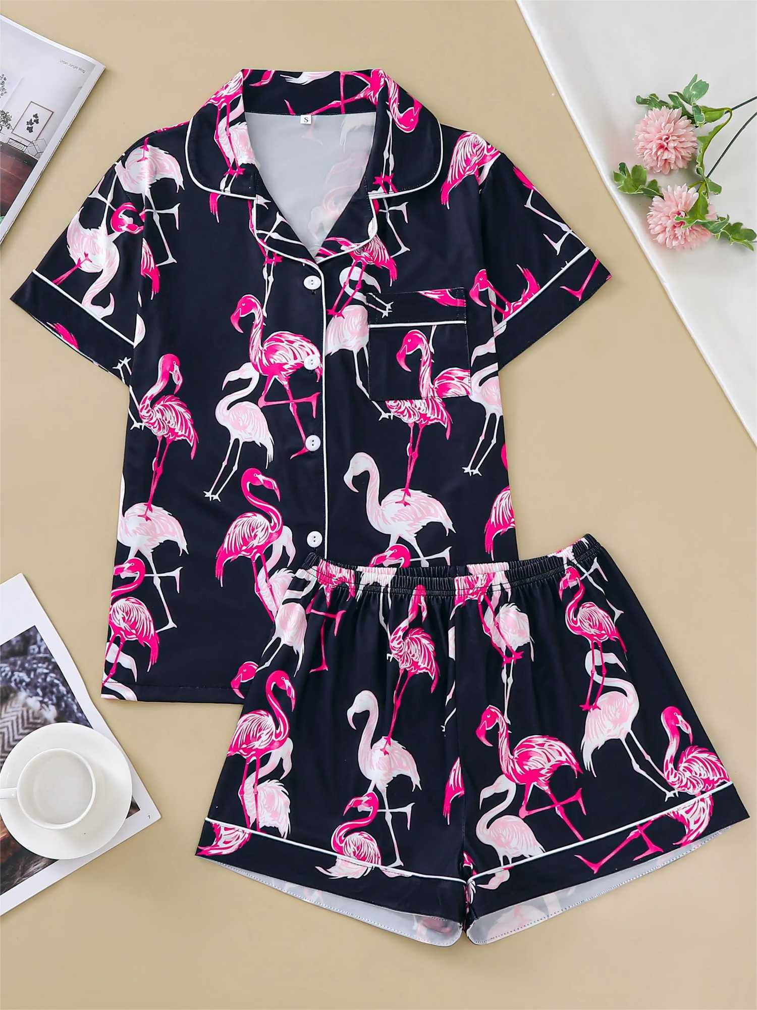 Two-piece set of womens pajamas lapel top and trousers Flamingo summer casual womens pajamas home wearXJ250220