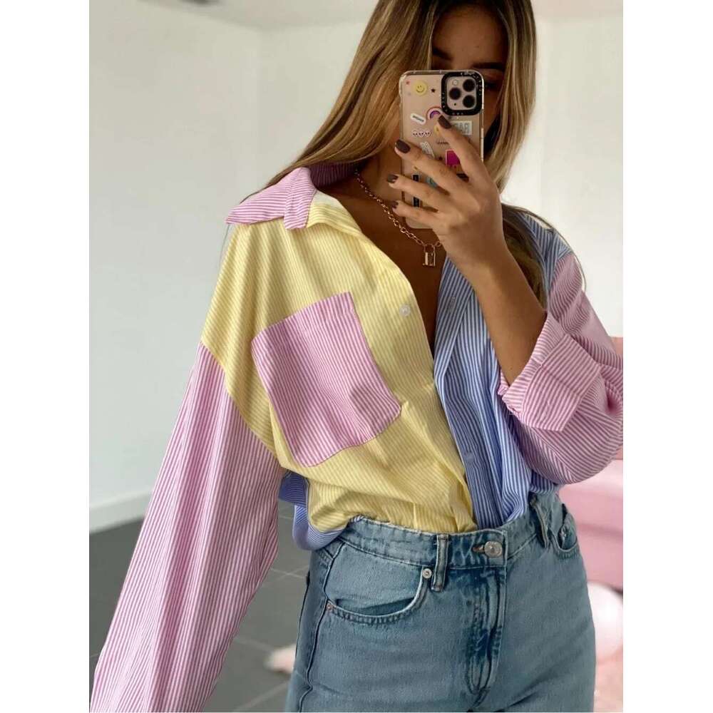 Women's Casual Colorblock Striped Print Long Sleeve Turn Down Collar Button Up Tunic Shirt Top Ladies Daily Outfit