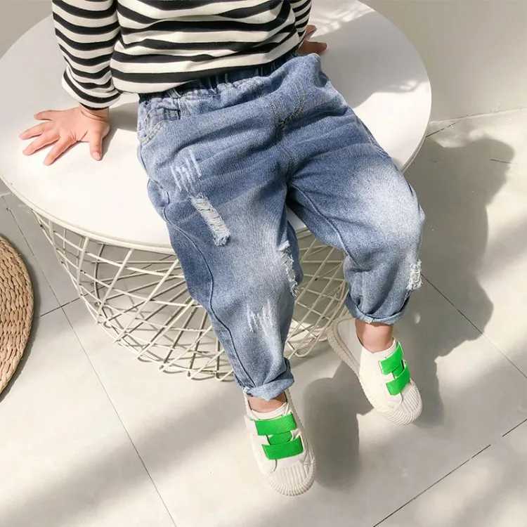 2022 Spring Autumn Girls Boys Casual Hole Jeans Pants Baby Kids Children Denim Trousers Z250220