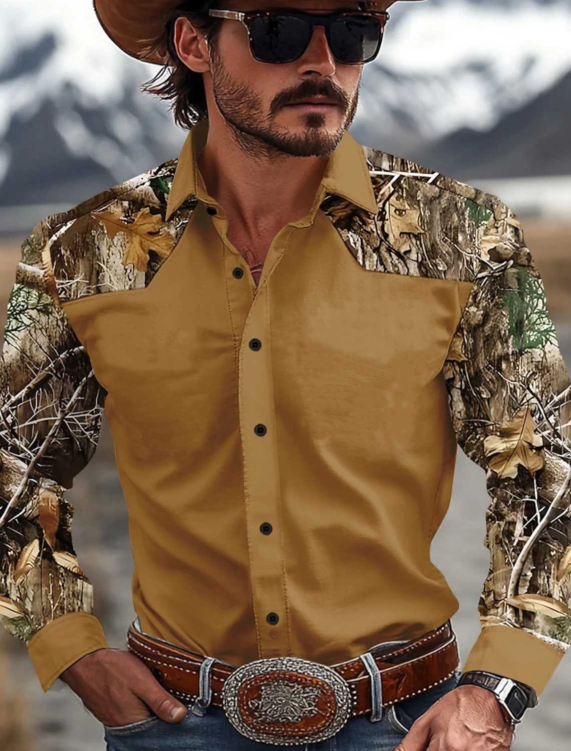 Mens Camouflage Western Shirt Denim Shirt Long Sleeve Western Casual Outdoor Spring and Autumn Lapel Black Brown Green Khaki W250220