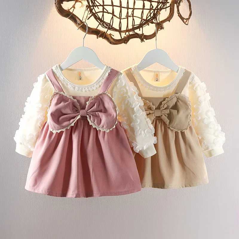 Spring Autumn Baby Girl Long Sleeve Dress Kids Bow Round Neck Comfortable Pink Dress Baby Clothes X250220