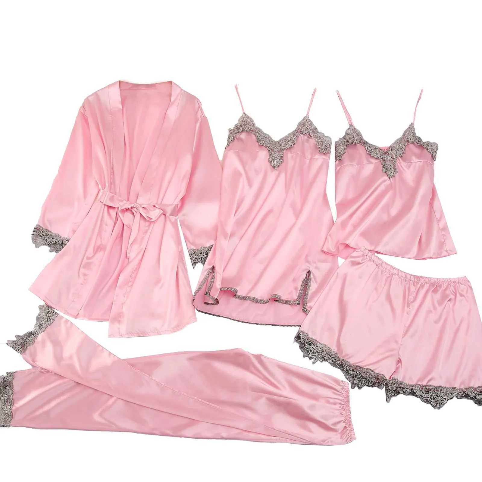 5 Piece Silk Nightgown Suit Womens Stain Lace Robe Spwear Suit Shorts Pants Vest Tops Nightie Home Loungewear Nighties WearXJ250220