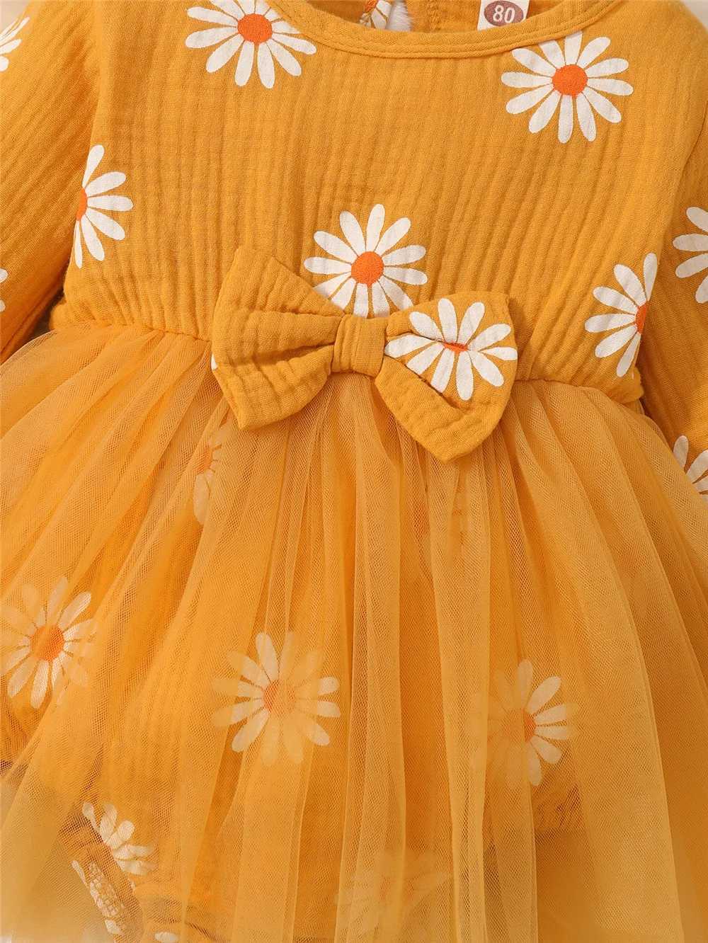 Newborn Baby Girl Romper Dress Long Sleeve Flowers Print Tulle Bodysuit Yellow Spring Autumn Dress with Headband Clothes X250220