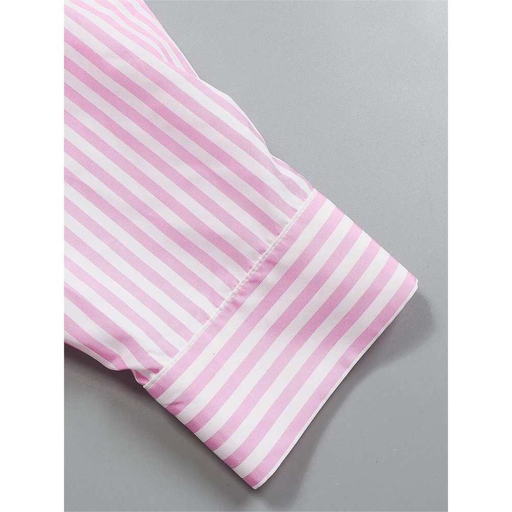 Plus Size 2024 Autumn New High Collar Sleeve Pink White Striped Women's Long Shirt Comfortable Casual