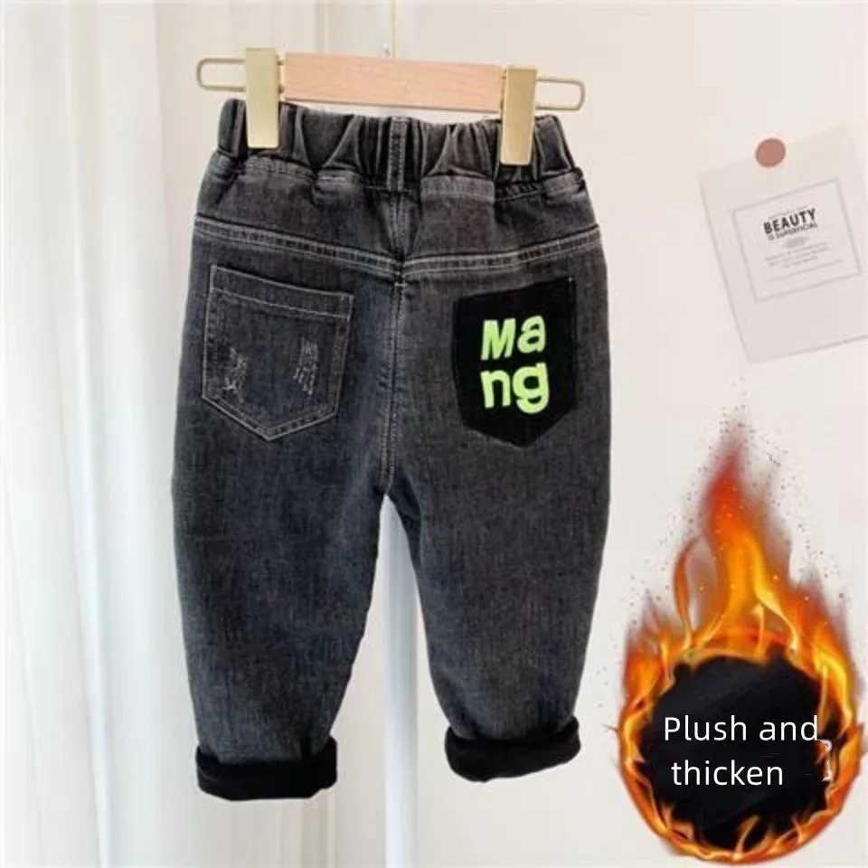 Boys Autumn And Winter Plush Jeans 2023 New Childrens Stretch Jeans Korean Edition One Piece Plush Pants For Kids Z250220