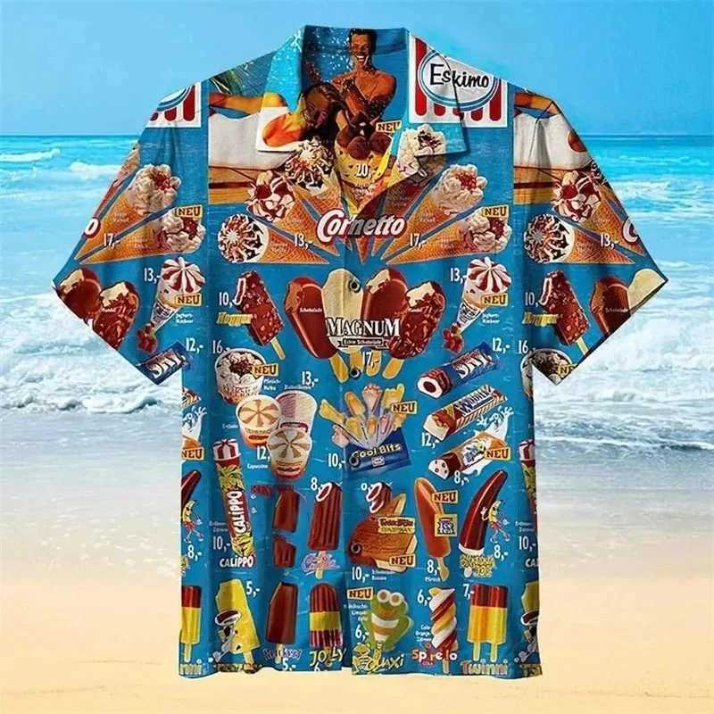 Cold Ice Cream Graphic Hawaiian Shirt Men 3D Printed Popsicle Shirts Summer Street Button Short Sleeves Beach Lapel Blouse Tops W250220