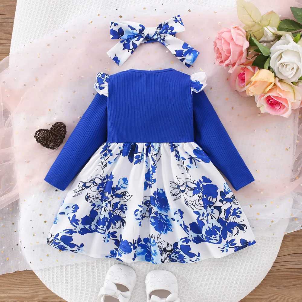 (6 Months -3 Years Old) Spring And Autumn New Blue Flower Baby Girl Dress Chinese Retro Style Childrens Long Sleeve Clothes X250220