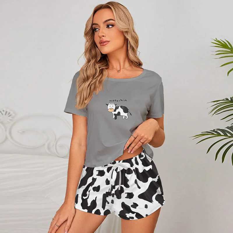 Cow Leopard Womens Pajamas Short Sves O Neck Top Shorts 2 Pieces Fe Summer Spwear Nightwear Homewear ClothXJ250220