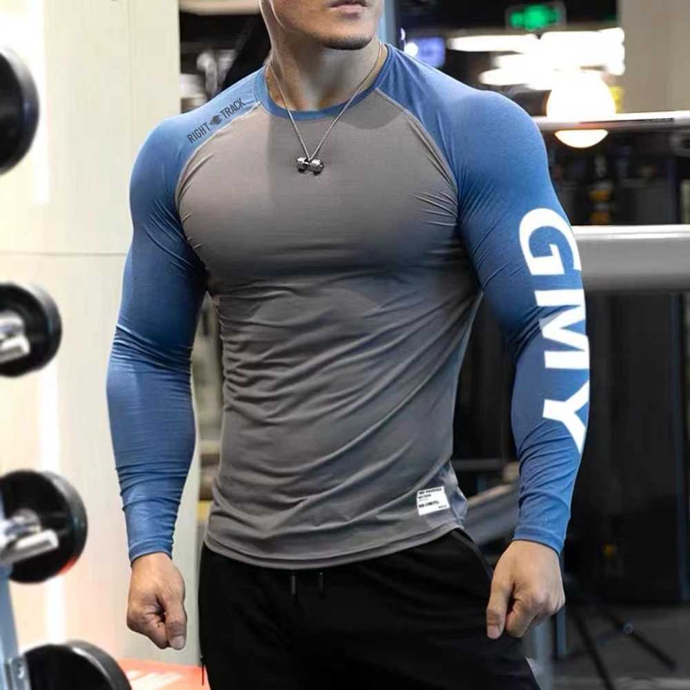 New Mens Long Sleeve GYM Clothes Dual Color Blocking Tights Shirt Sport Fitness RIGHTTRACK Milk Silk Fabric Athletic Wear W250220