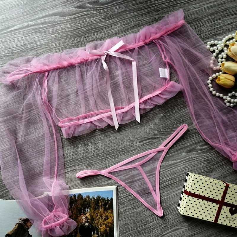 Sexy Lingerie Woman Erotic Pajamas Lace Lingerie Sex Clothes Babydoll Erotic Transparent Porn Blue Sexy Tops Thong Set LingerieXJ250220