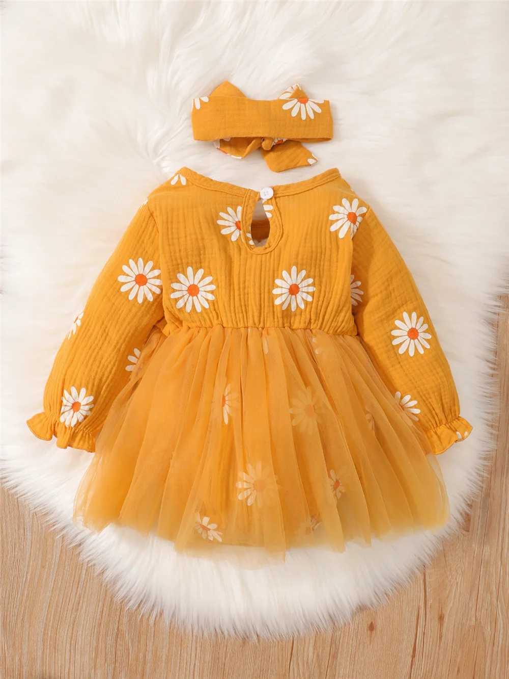 Newborn Baby Girl Romper Dress Long Sleeve Flowers Print Tulle Bodysuit Yellow Spring Autumn Dress with Headband Clothes X250220