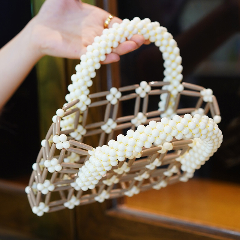 Feminine Handcrafted Acrylic-Beaded White Flower Pattern Mini Bag - Stylish Ladies' Tote