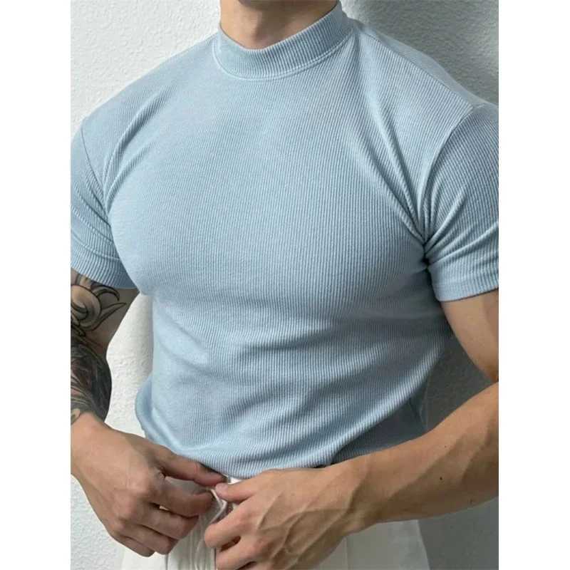 spring summer Elastic Comfortable Mens T-shirt Small high collar stripe shirt short sleeve fitness tops sports casual T-shirt W250220