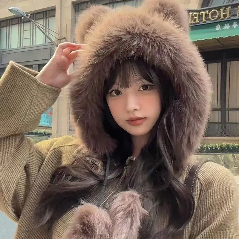 RICYGVM Womens Fluffy Fur Eartips Winter Plush Fishermans Hat Windproof Warm Head Gear Cute Bear Girl 250210