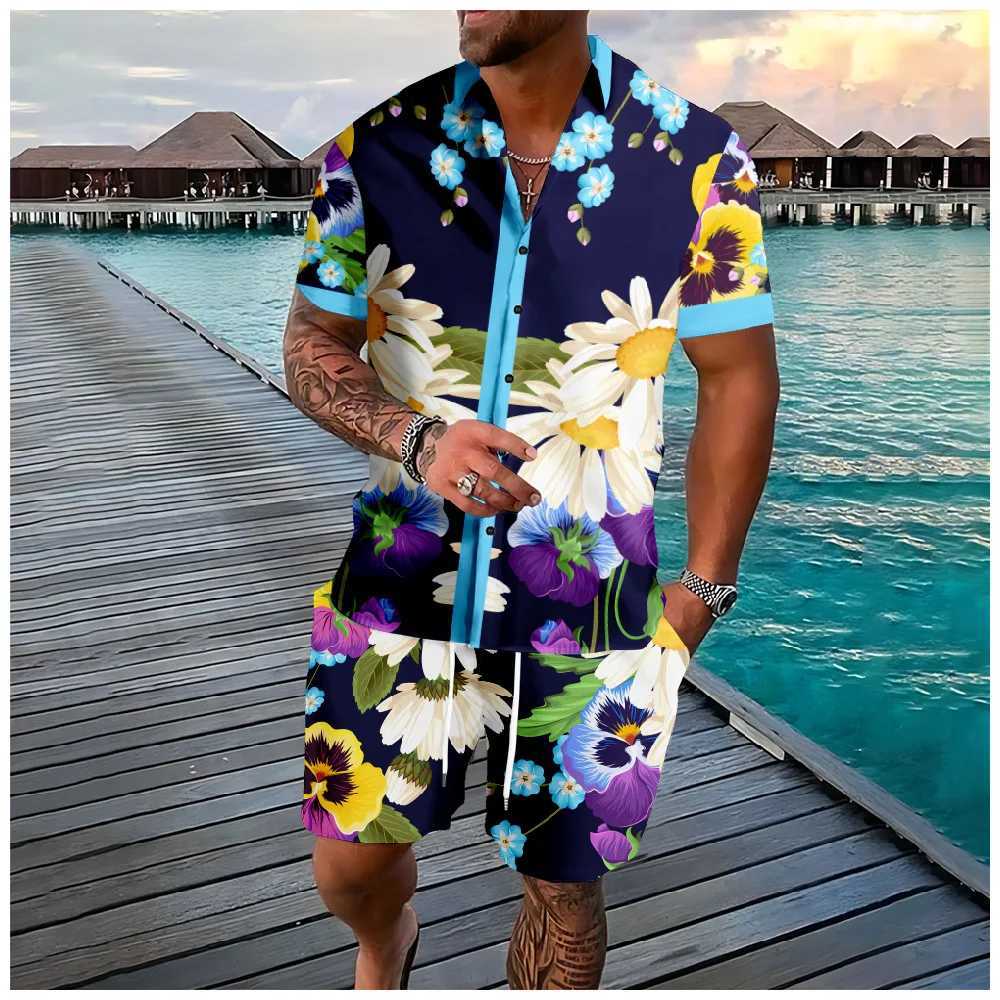 Fashion Summer Flower 3D Print Men Shirt Sets Short Sleeve Shirt Oversized Casual Beach Shorts Streetwear Hawaiian Suits Clothes W250221